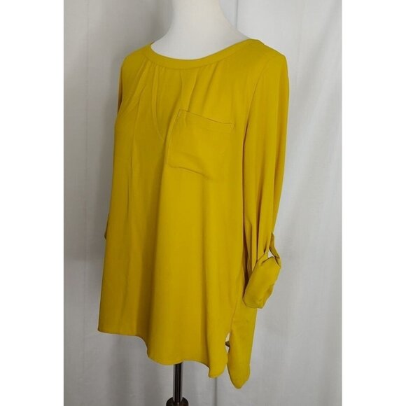 LOFT Blouse M Yellow Tab Sleeves Boat Neck Career Lightweight - Picture 4 of 7